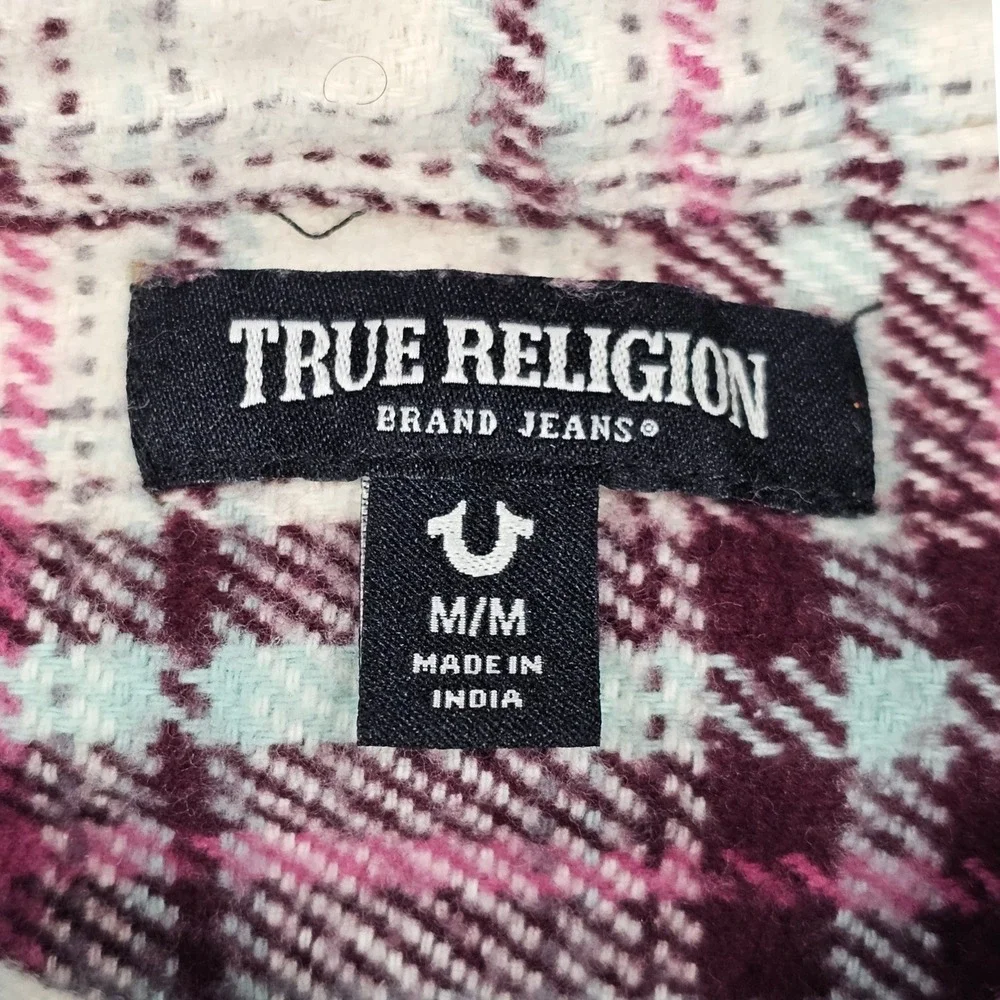 True Religion Workwear Plaid Flannel Shirt Mens Medium Ivory Pink Horseshoe